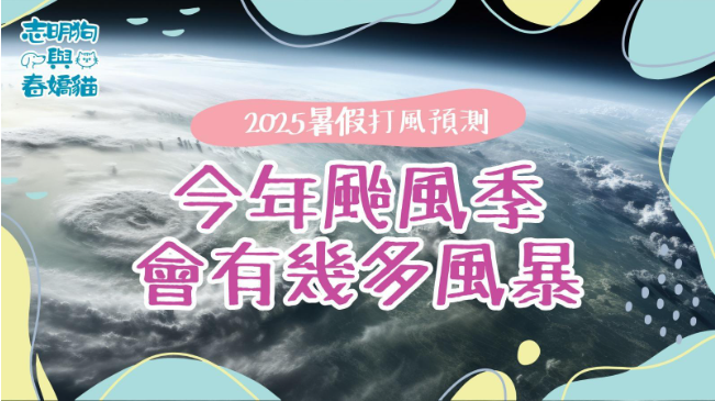 從太空俯瞰地球上一個旋轉中的氣旋，周圍有色彩繽紛的抽象圖案，並配有中文文字預測2025年颱風季將會風暴頻繁